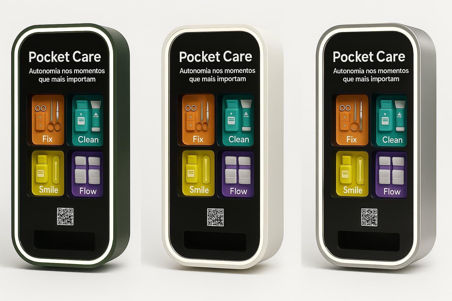 Três versões da máquina QR→Pix→Go Pocket instaladas dentro de banheiros: compacta, com iluminação embutida e com vitrine iluminada